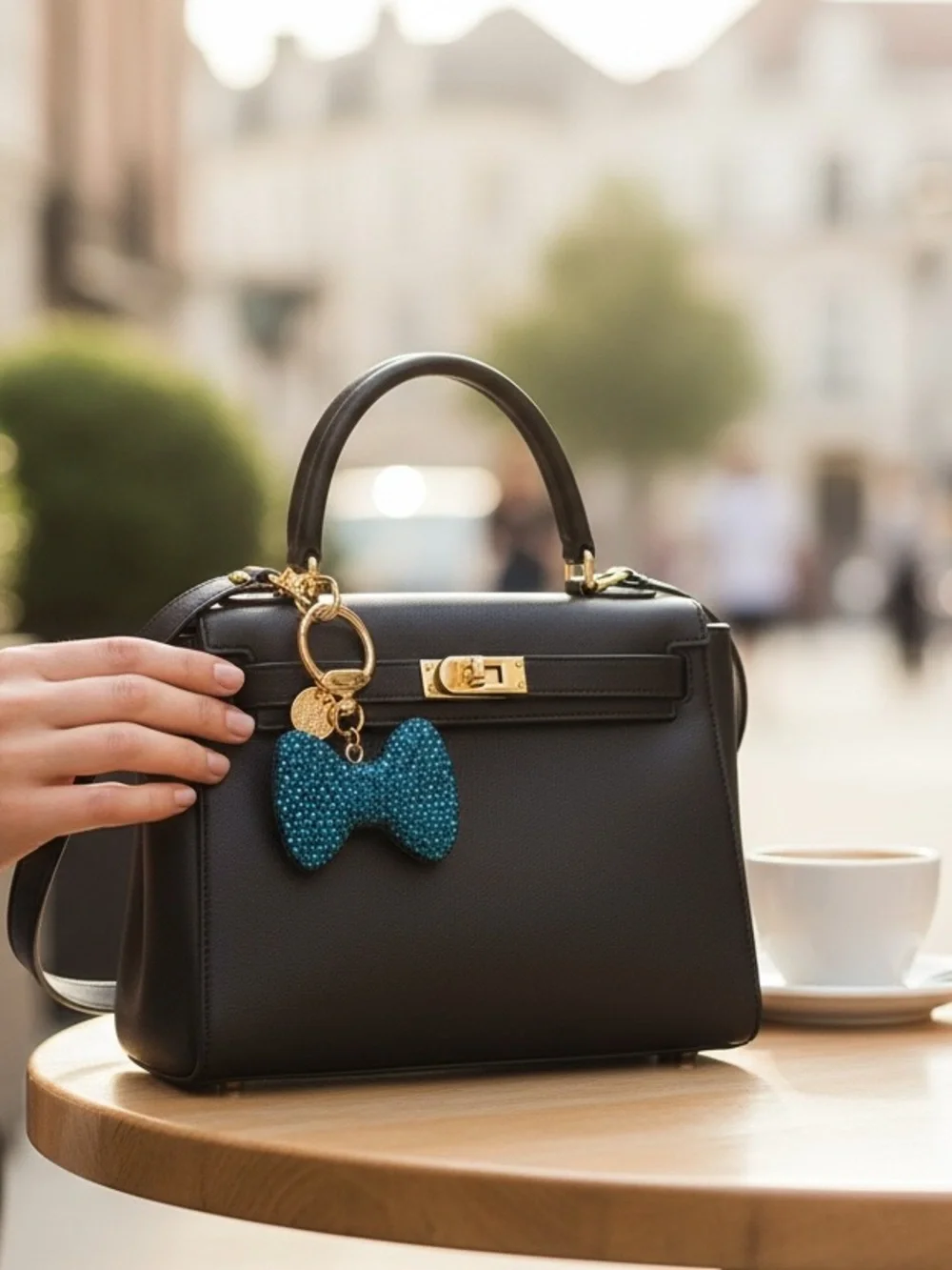 Teal Crystal Bow Keyring with Gold Hardware